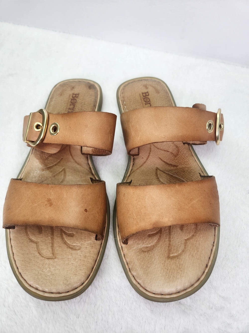 Born Tan Leather Slide Sandals W/adjustable Buckle Strap & Cushioned Footbed Sz8